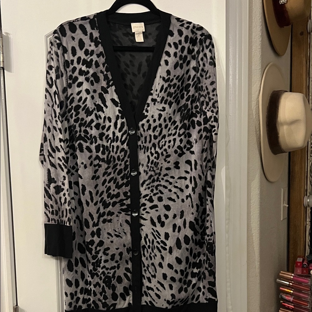 Chico's Black and Gray Animal Print Cardigan